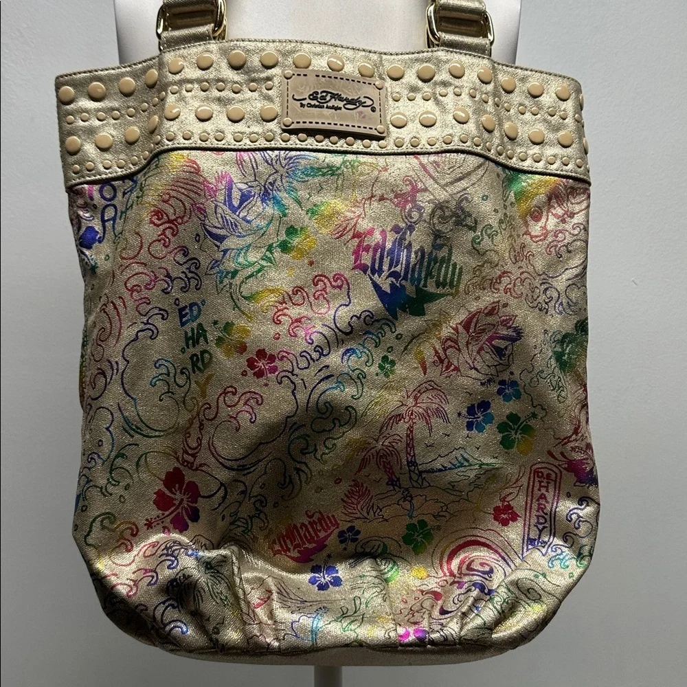 Ed Hardy Gidget Bucket Tote Handbag Purse Bag Oversized Colorful Rainbow Y2K 00s